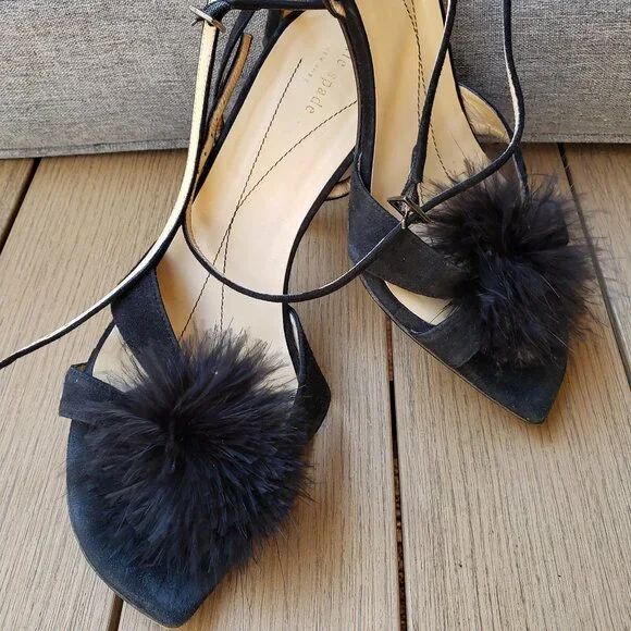 EUC kate spade pom-pom jet black heeled ankle sandals (10) - Picture 3 of 10